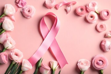 A photorealistic 3D rendering of a flat lay image of a pink ribbon attached to a bouquet of delicate eustoma flowers, symbolizing female well-being, on a pastel pink backdrop. 