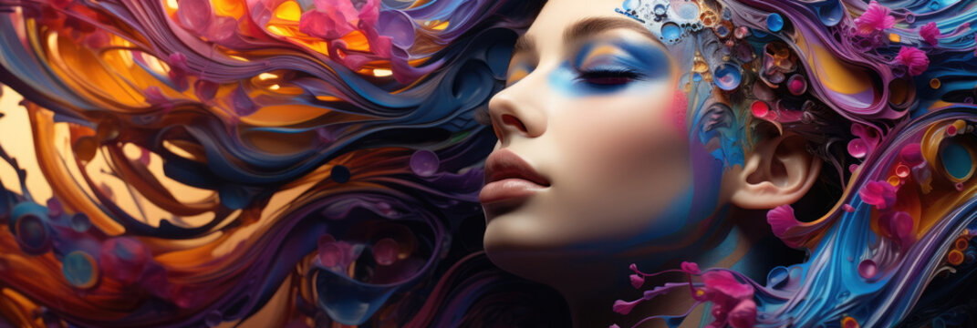 Woman abstract fashion futuristic portrait. Horizontal banner