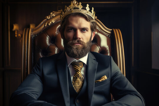 Selfish boss businessman in a crown in the office in a chair