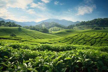 Fototapeta na wymiar tea farm field plantation landscape in a mountain valley