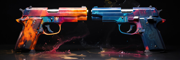 Abstract background of colored guns on black - obrazy, fototapety, plakaty