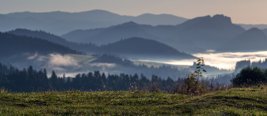 Fototapeta na wymiar Beautiful sunrise in the picturesque mountains. Picturesque mists rolling in the valleys illuminated by the rays of the rising sun,Pieniny,Poland