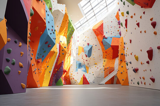 Climbing gym. Colorful footholds at the climbing wall