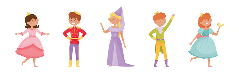 Cute Little Boys and Girl Prince and Princess in Gown with Crown Vector Set