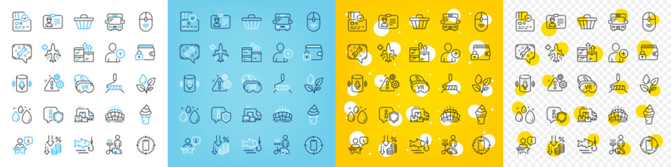 Vector icons set of Water drop, Ice cream and Delivery truck line icons pack for web with Voice assistant, Arena stadium, Cleaning outline icon. Add user, Warning. Vector