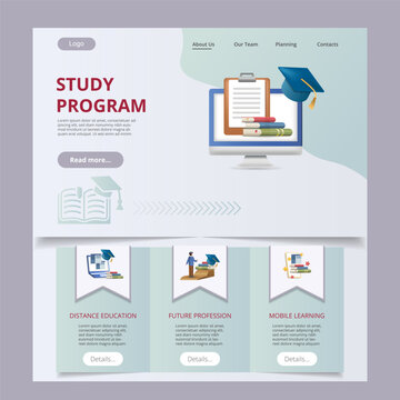 Study program flat landing page website template. Distance education, future profession, mobile learning. Web banner with header, content and footer. Vector illustration.