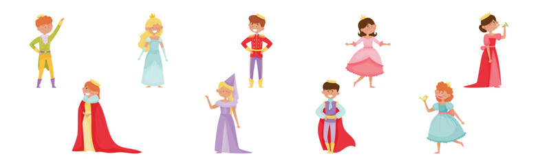 Cute Little Boys and Girl Prince and Princess in Gown with Crown Vector Set