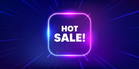Hot Sale tag. Neon light frame box banner. Special offer price sign. Advertising Discounts symbol. Hot sale neon light frame message. Vector