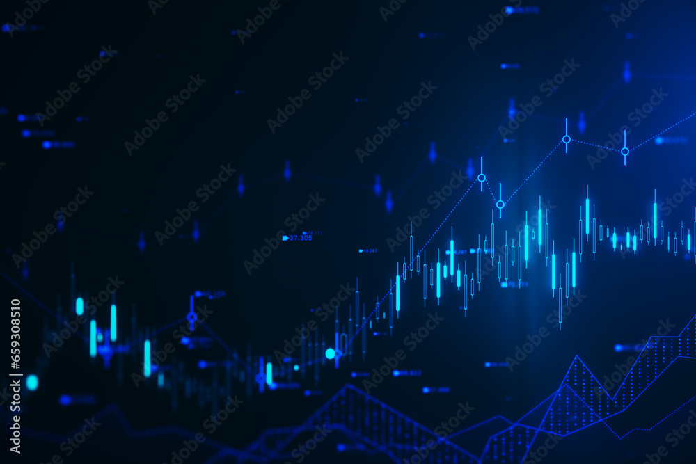 Poster glowing candlestick forex chart and index hologram on blurry wallpaper. trade and stats concept. 3d 