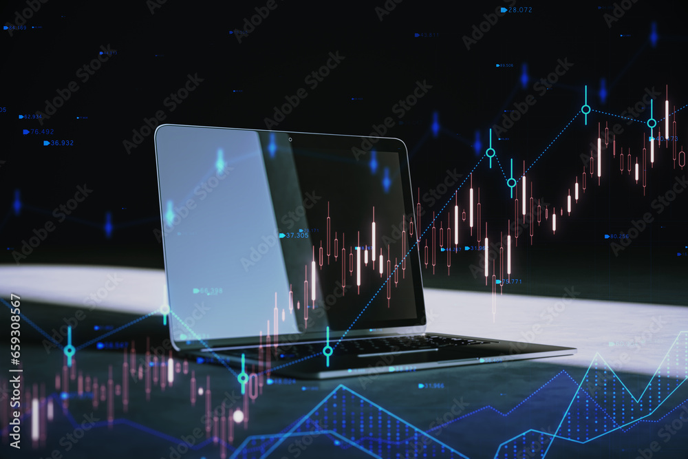 Poster Close up of laptop with glowing candlestick forex chart and index hologram on blurry dark background. Trade and stats concept. 3D Rendering.