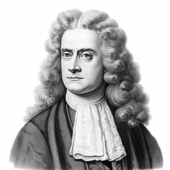 Black and white vintage engraving, headshot portrait of the scientist Isaac Newton, white background, greyscale - Generative AI