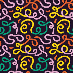 Naive groovy vector Boho doodle seamless pattern. Brutal contemporary figure one line wave. Swiss design aesthetic. Geometric black posters in trendy retro brutalist design style