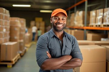Shipping warehouse storehouse occupation male storage business factory industrial working men job smiling - obrazy, fototapety, plakaty