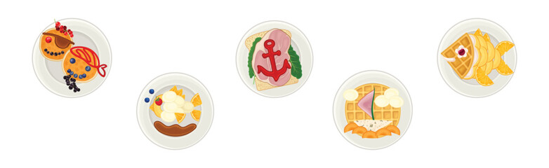 Breakfast Pirate Food for Children and Meal Plating Idea Vector Set