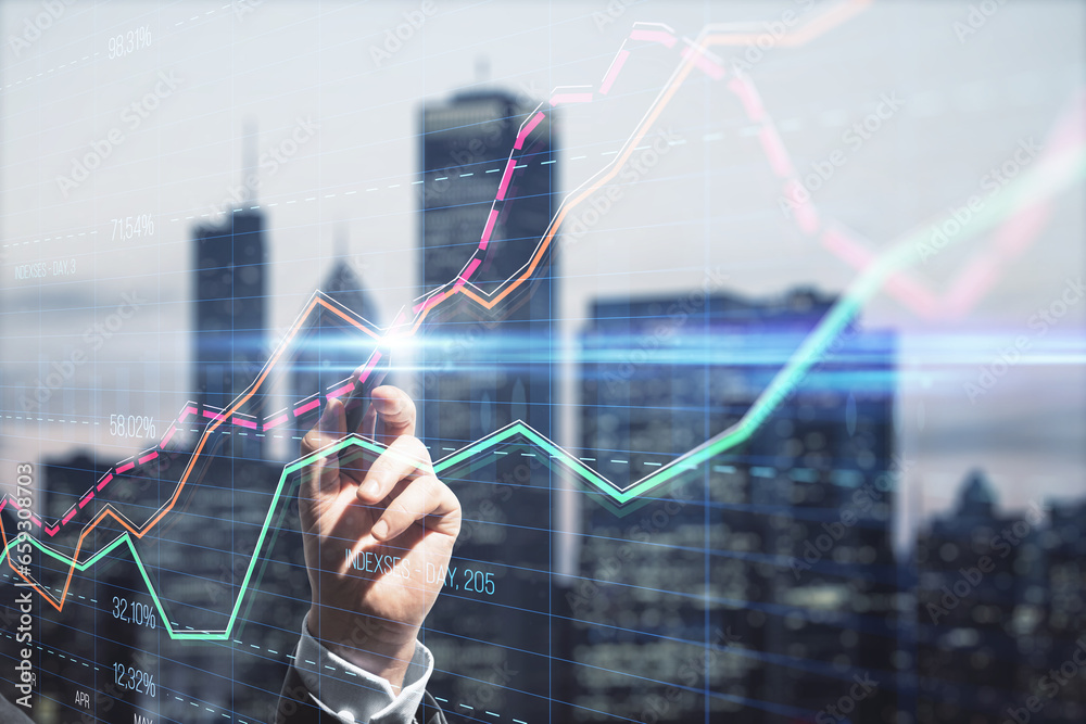 Aufkleber close up of businessman hand with pen pointing at creative business graph with index and grid on blu