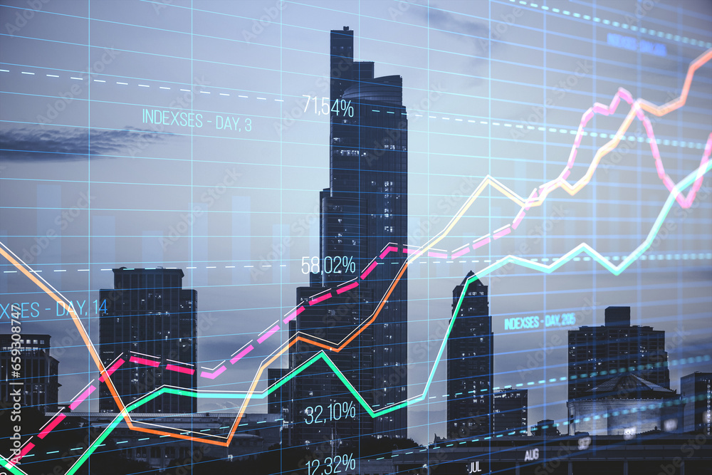 Poster abstract creative business graph with index and grid on blurry city wallpaper with skyscrapers. stoc