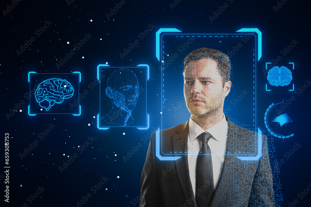 Poster portrait of attractive businessman with face recognition hologram on blurry blue background. face id