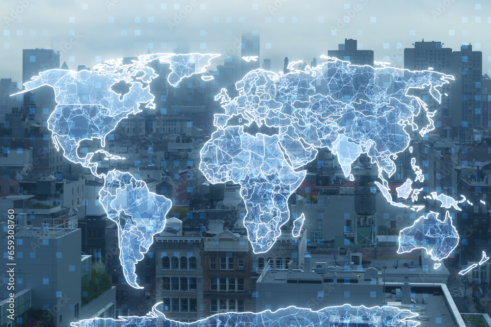 Poster creative glowing polygonal map hologram on blurry city backdrop. global community and network concep