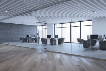 Light coworking office interior with furniture, wooden flooring, windows and city view. Empty room. 3D Rendering.