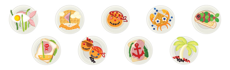 Fototapeta premium Breakfast Pirate Food for Children and Meal Plating Idea Vector Set
