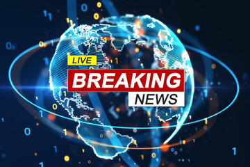 Creative hi-tech breaking news hologram and globe on blurry background. Television, online news and digital communication concept. 3D Rendering.
