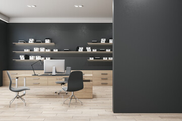 Modern wooden and concrete office interior with empty mock up place on wall, furniture, bookshelves with books. Work and education concept. 3D Rendering.