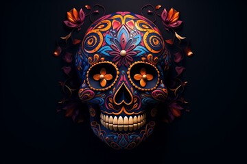 Artistic design of a decorated skull for Day of the Dead on a dark backdrop. Generative AI