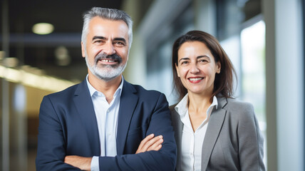 Fototapeta na wymiar Portrait of smiling mature businessman and mature business woman standing arms crossed in office. Smile, technology and business people or team in collaboration for an online proposal.
