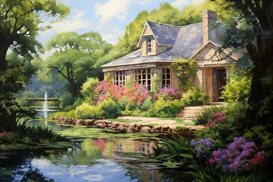 Scenic oil artwork of garden house. Generative AI