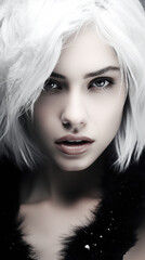 Black and white portrait of a beautiful young winter woman close up