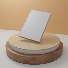 empty white book on a wooden podium with shadow effect and white background and brown wall