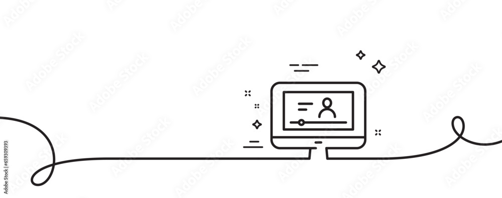 Poster online video education line icon. continuous one line with curl. computer with online lecture sign. 
