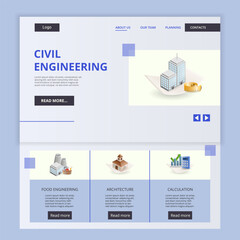 Civil engineering flat landing page website template. Food engineering, architecture, calculation. Web banner with header, content and footer. Vector illustration.