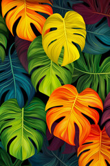 Colorful tropical dracaena leaves. Vibrant colors, exotic background. Summer vibes. AI generative illustration.
