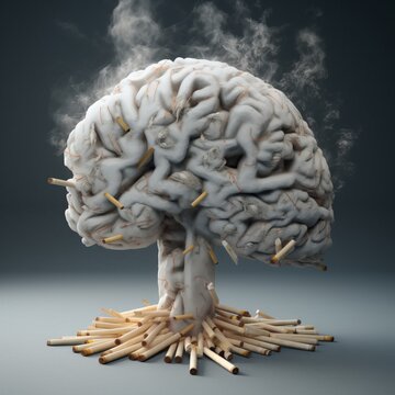 Creative image of a smoker's smoking gray brain with cigarettes, on a gray background