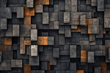 Wooden square blocks in black and rusty colors. Wood textured background. AI generative abstract illustration.