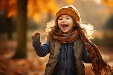 a cheerful child, adorned in a cozy scarf and hat, jubilantly throwing vibrant autumn leaves into the air in a sunlit park