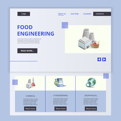 Food engineering flat landing page website template. Chemical, IT engineering, geophysical. Web banner with header, content and footer. Vector illustration.
