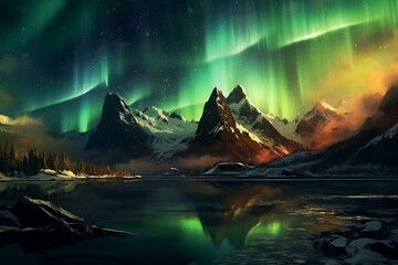 Stunning artwork of snow-capped mountains bathed in aurora borealis. Generative AI