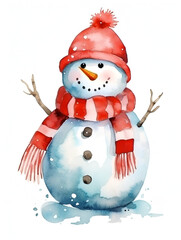 Watercolor Illustration of a cute snow man with red hat and scarf, on white background