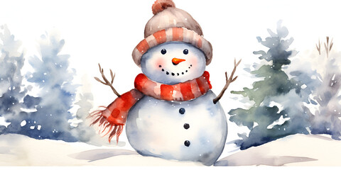 Obraz premium Watercolor Illustration of a cute snow man with red hat and scarf, snow winter background