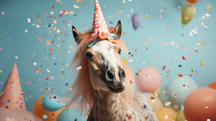 In a pastel blue setting, a merrymaking horse revels in its birthday glory, accompanied by balloons and confetti.
