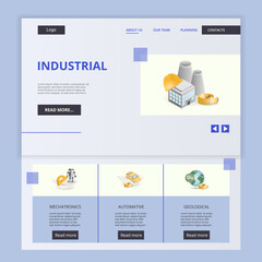 Obraz na płótnie Canvas Industrial flat landing page website template. Mechatronics, automative, geological. Web banner with header, content and footer. Vector illustration.
