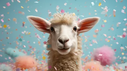 Tuinposter The serene ambiance of a pastel blue background sets the stage for a cheerful sheep in festive attire. The scene is further enhanced by a playful flurry of confetti, creating a joyful atmosphere. © Liana