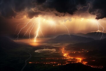 Powerful lightning strikes illuminate a stormy landscape. Generative AI