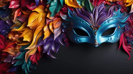 Gardinen carnival mask. Mardi Gras spirit thrives with a colorful Venetian mask and cascading beads, embodying vibrant celebration. © Liana