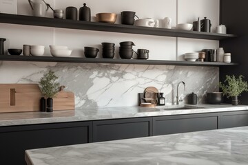 Fototapeta na wymiar Monochrome kitchen with empty marble countertop. Generative AI
