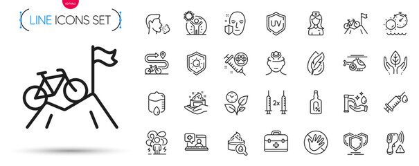 Pack of Shields, Cough and Uv protection line icons. Include Bike path, Fair trade, Sun protection pictogram icons. Alcohol free, Electronic thermometer, Dog vaccination signs. Vector