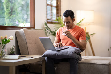 Portrait of an attractive smiling young bearded asian man wearing casual clothes sitting on a couch at the living room, using laptop