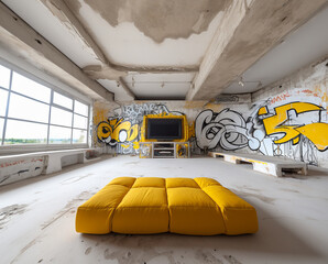 Abandoned room. Artistic loft raw space. Concrete walls with graffiti. TV on the wall.  Yellow...